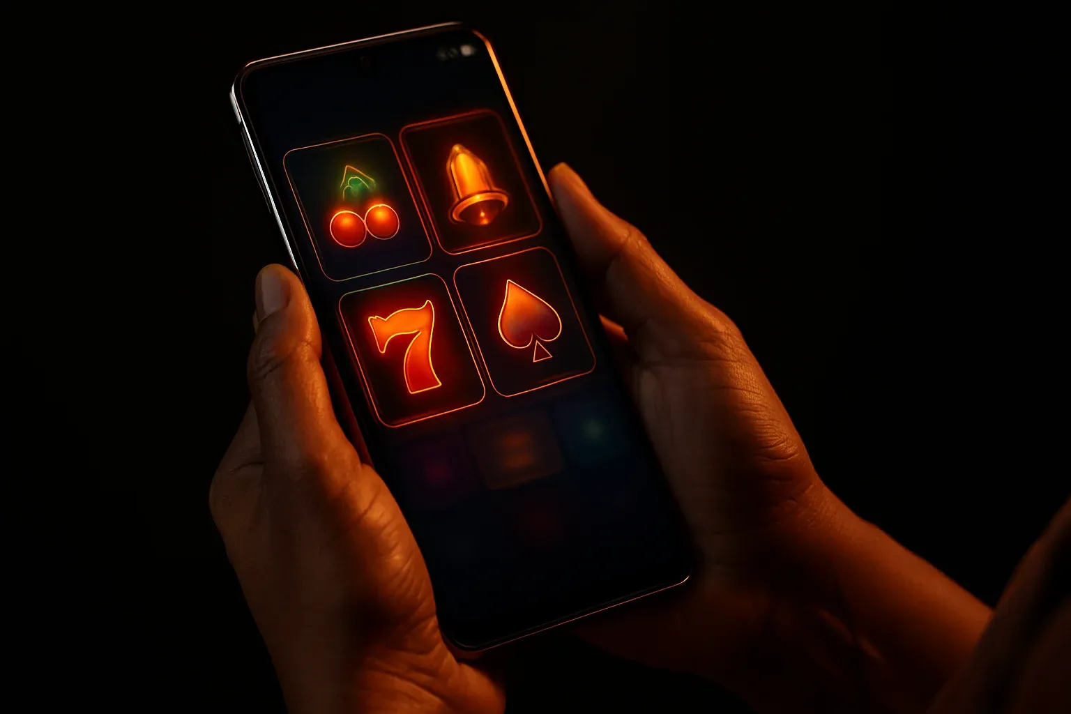 Mature Bangladeshi woman hands holding Android phone with glowing casino app UI
