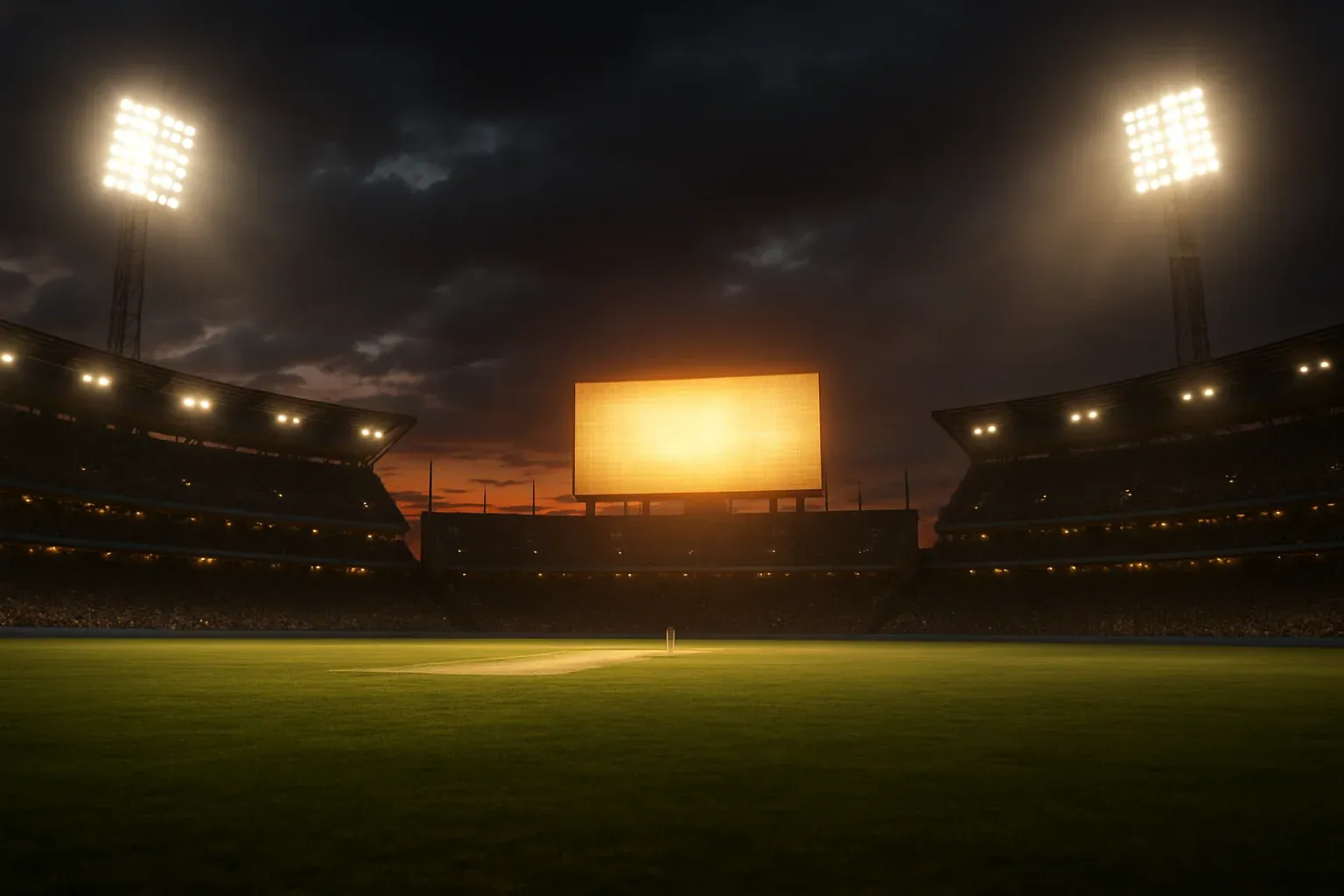 Ultra-realistic wide shot of cricket stadium at dusk with blazing floodlights