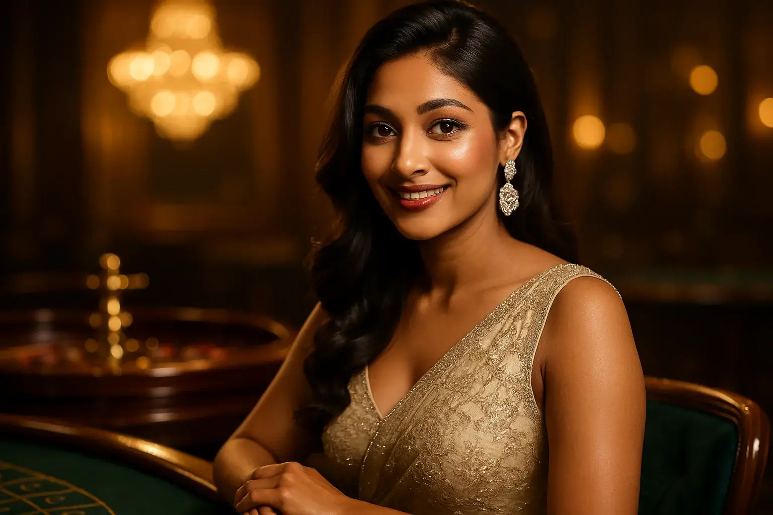 Glamorous Bangladeshi woman smiling at premium casino table with roulette bokeh