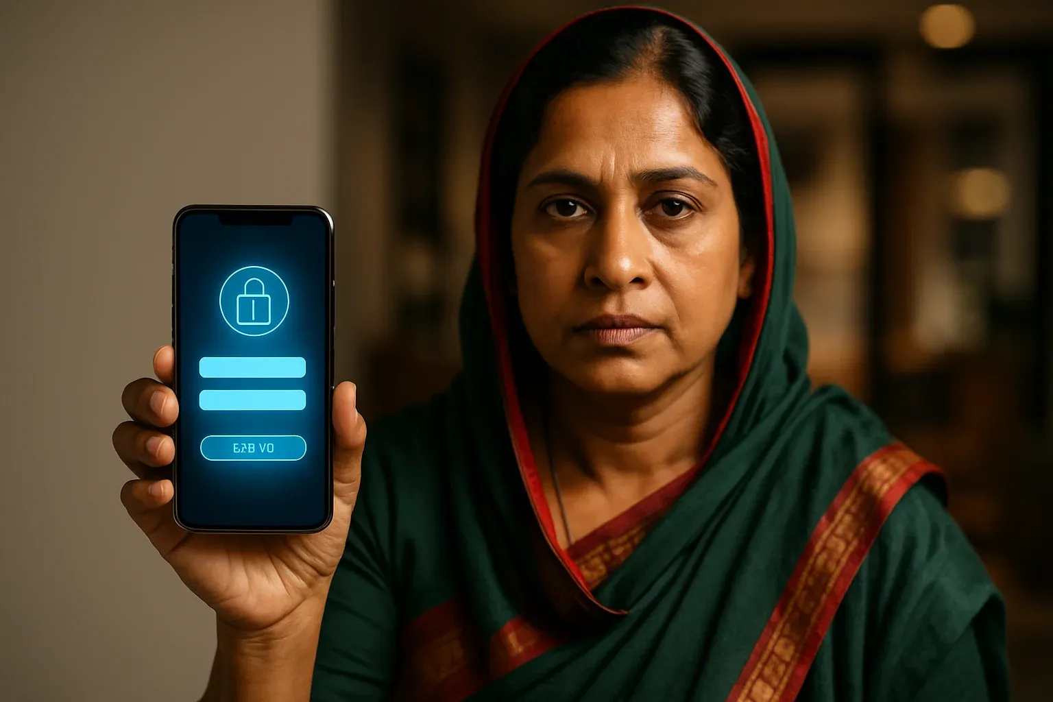 Bangladeshi woman holding smartphone showing stylised login screen in apartment
