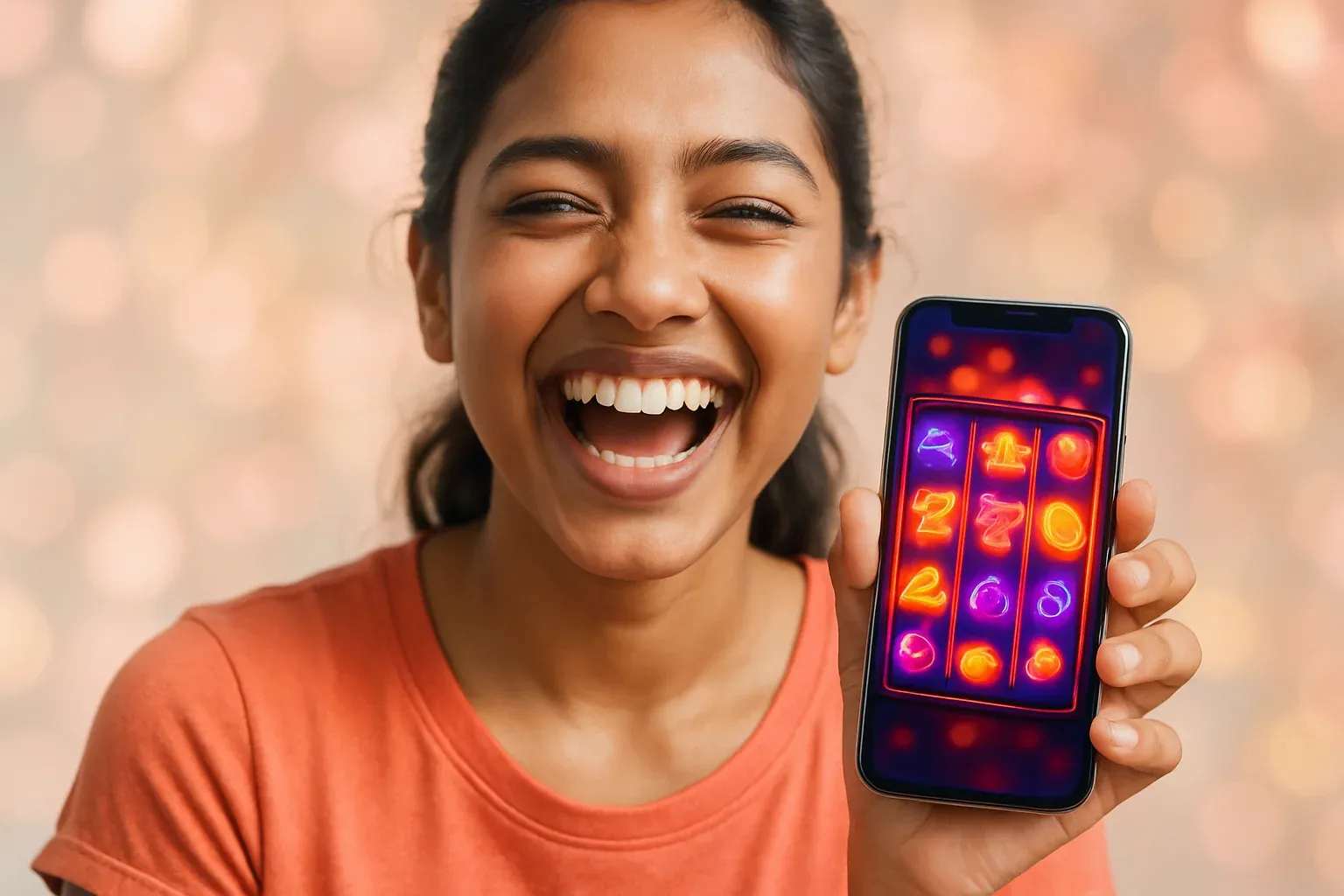 Young Bangladeshi woman laughing, holding smartphone showing colorful mobile slot reels